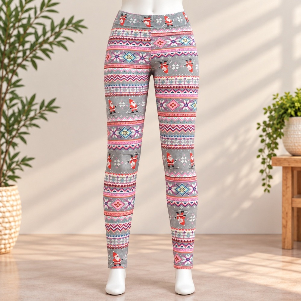 No Boundaries Christmas Leggings Womens L Grey Santa Fair Isle Fleece Lined